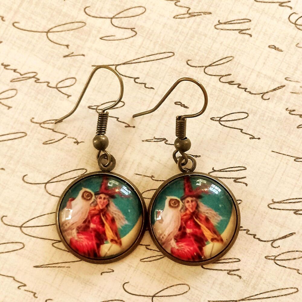 Vintage Image Witch Earrings Halloween Dangles Art Under Glass